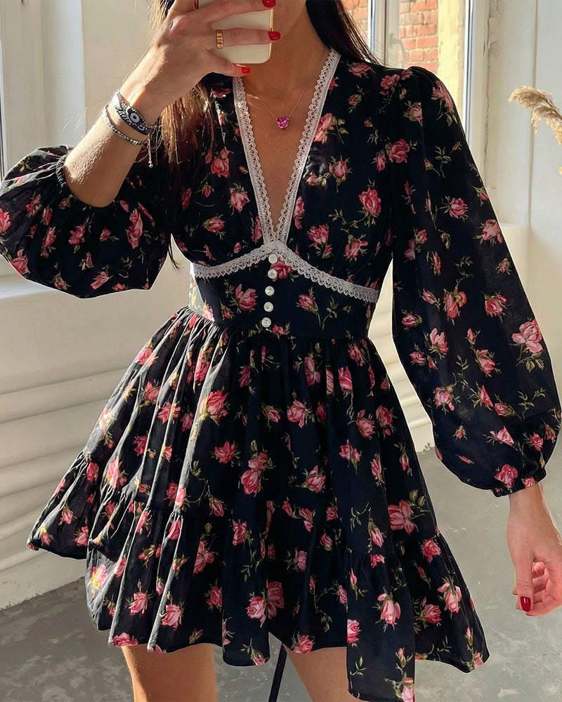 Vyla™ Deep V-Neck Lace Trim Floral Puff Sleeve Mini Dress