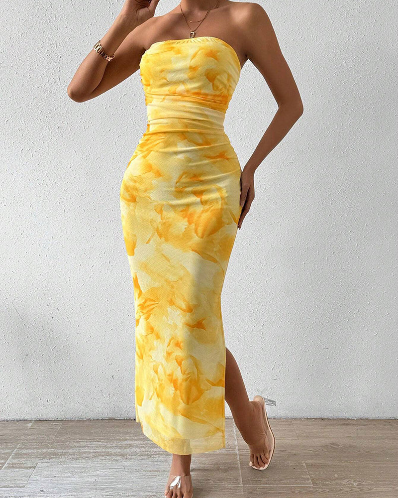 Vyla™ Yellow Floral High-Slit Bodycon Vacation Dress