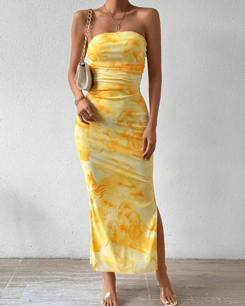 Vyla™ Yellow Floral High-Slit Bodycon Vacation Dress