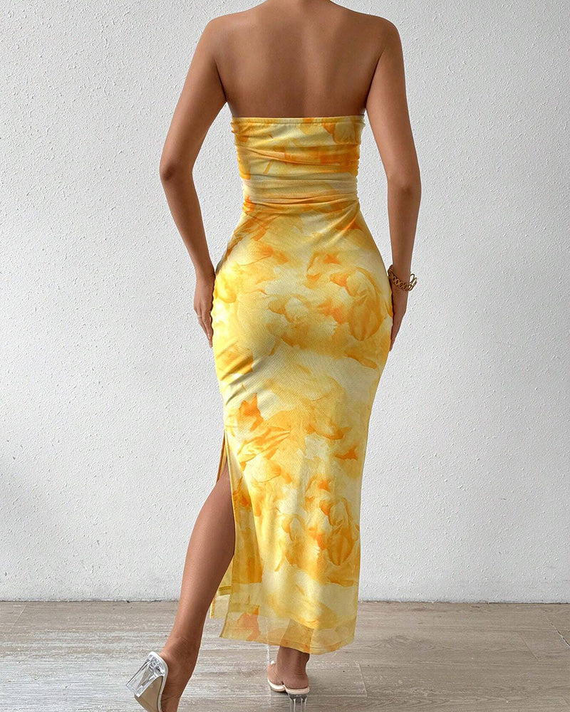 Vyla™ Yellow Floral High-Slit Bodycon Vacation Dress