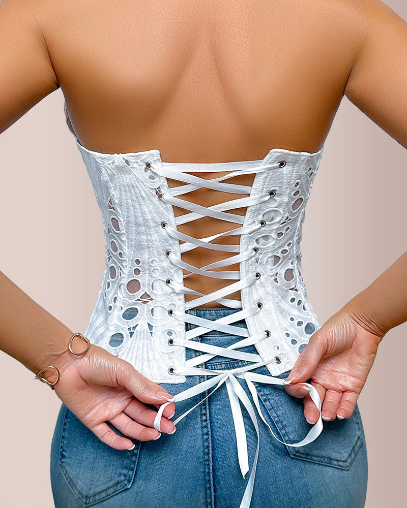 Vyla™ Vintage Hollow-Out Lace Corset Top with Boning