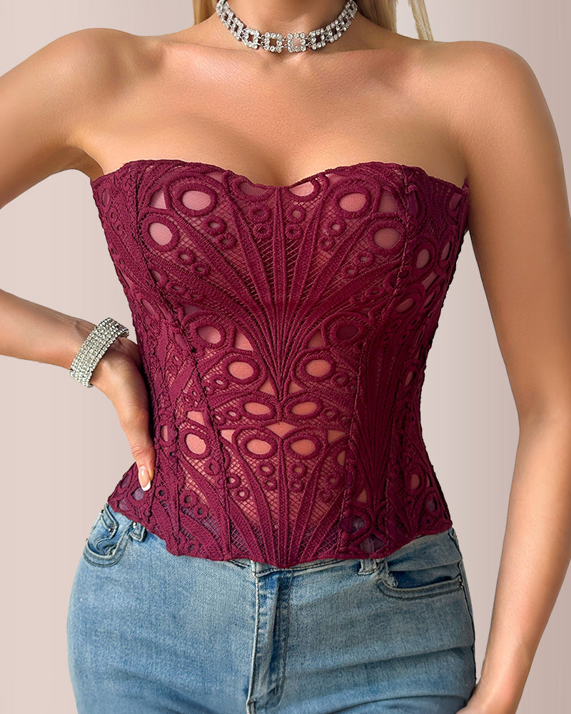Vyla™ Vintage Hollow-Out Lace Corset Top with Boning