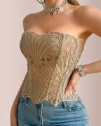 Vyla™ Vintage Hollow-Out Lace Corset Top with Boning