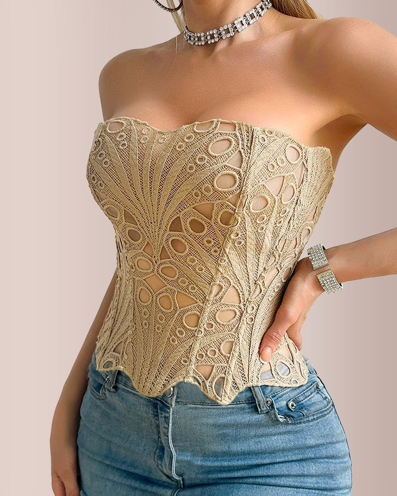 Vyla™ Vintage Hollow-Out Lace Corset Top with Boning