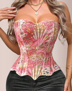 Vyla™ Vintage Print Lace Corset Top Sheer Mesh Bustier
