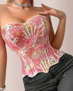 Vyla™ Vintage Print Lace Corset Top Sheer Mesh Bustier