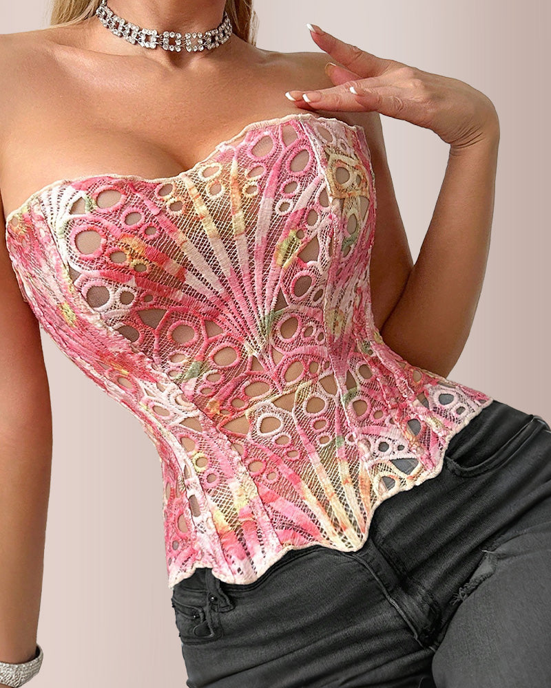 Vyla™ Vintage Print Lace Corset Top Sheer Mesh Bustier