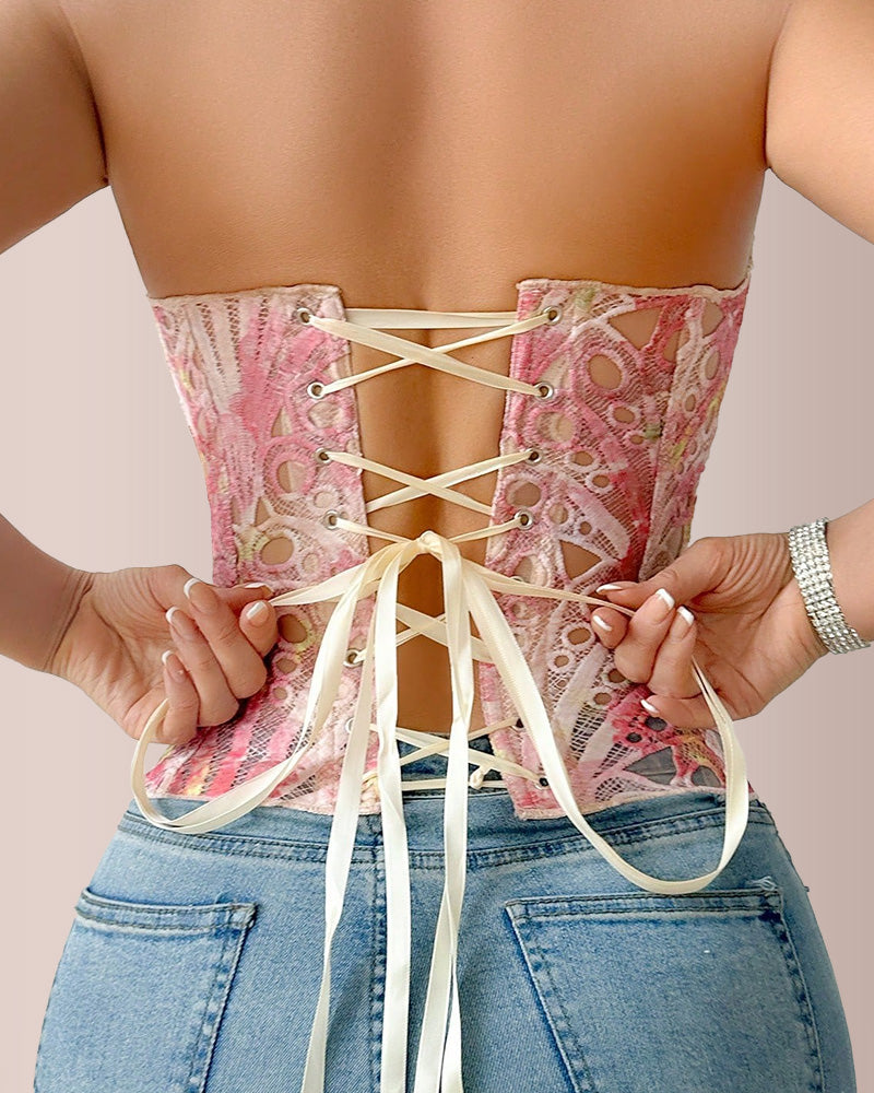 Vyla™ Vintage Print Lace Corset Top Sheer Mesh Bustier