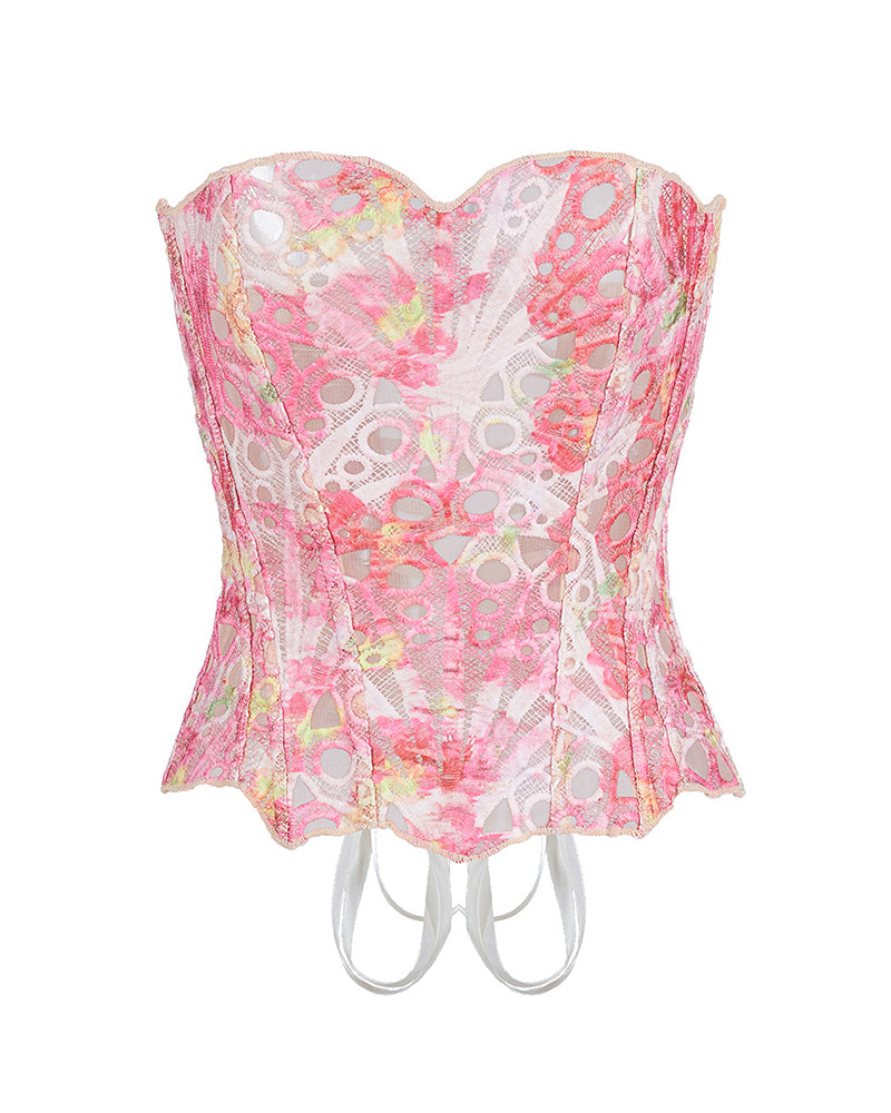 Vyla™ Vintage Print Lace Corset Top Sheer Mesh Bustier