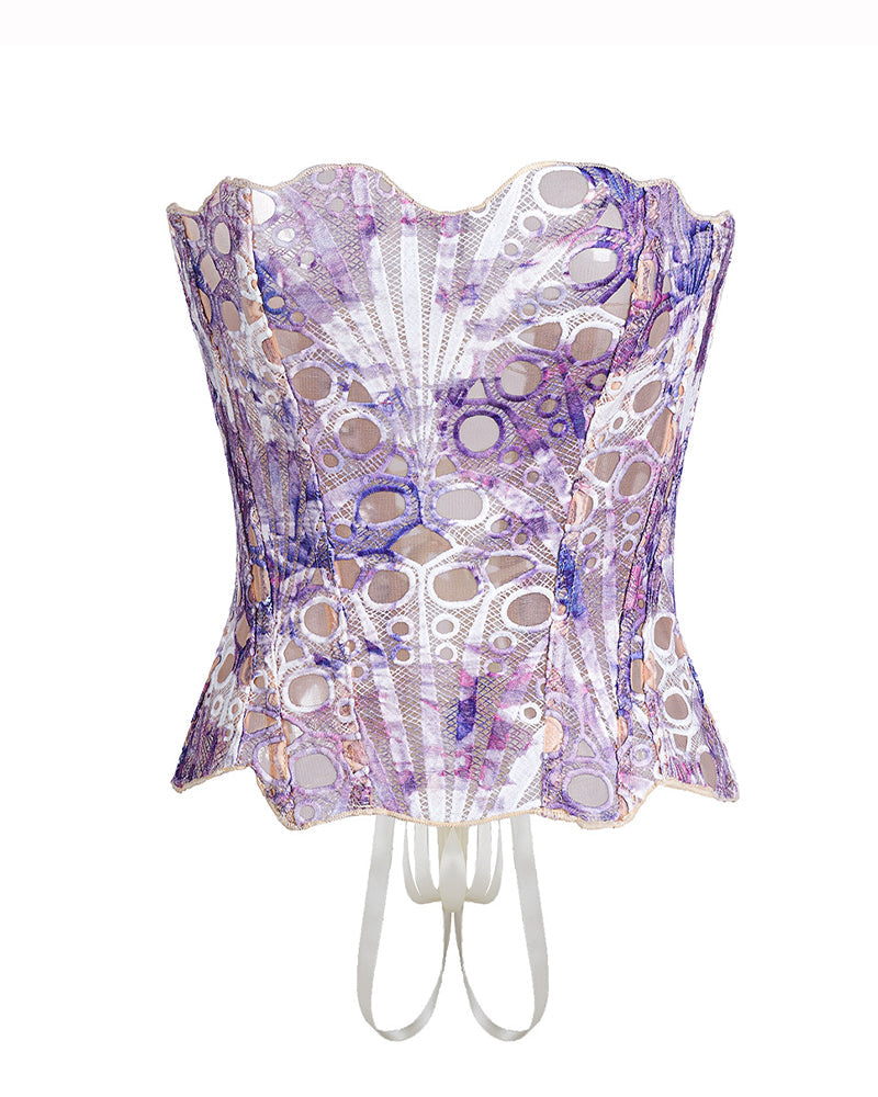 Vyla™ Vintage Print Lace Corset Top Sheer Mesh Bustier
