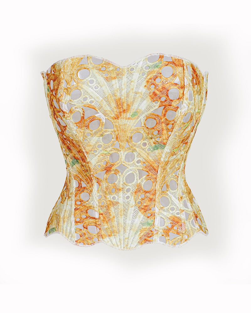 Vyla™ Vintage Print Lace Corset Top Sheer Mesh Bustier