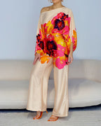 Vyla™ Fashion Print Satin 2 Piece Sets Women Casual Lantern Sleeve Off-Shoulder