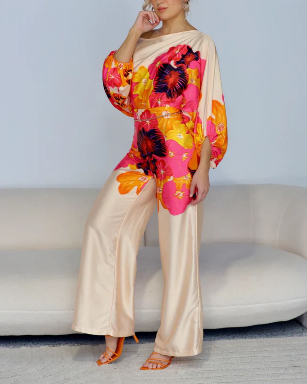 Vyla™ Fashion Print Satin 2 Piece Sets Women Casual Lantern Sleeve Off-Shoulder