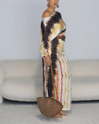 Vyla™ Fashion Print Satin 2 Piece Sets Women Casual Lantern Sleeve Off-Shoulder
