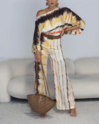 Vyla™ Fashion Print Satin 2 Piece Sets Women Casual Lantern Sleeve Off-Shoulder