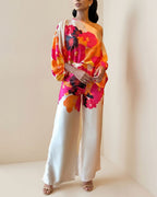 Vyla™ Fashion Print Satin 2 Piece Sets Women Casual Lantern Sleeve Off-Shoulder
