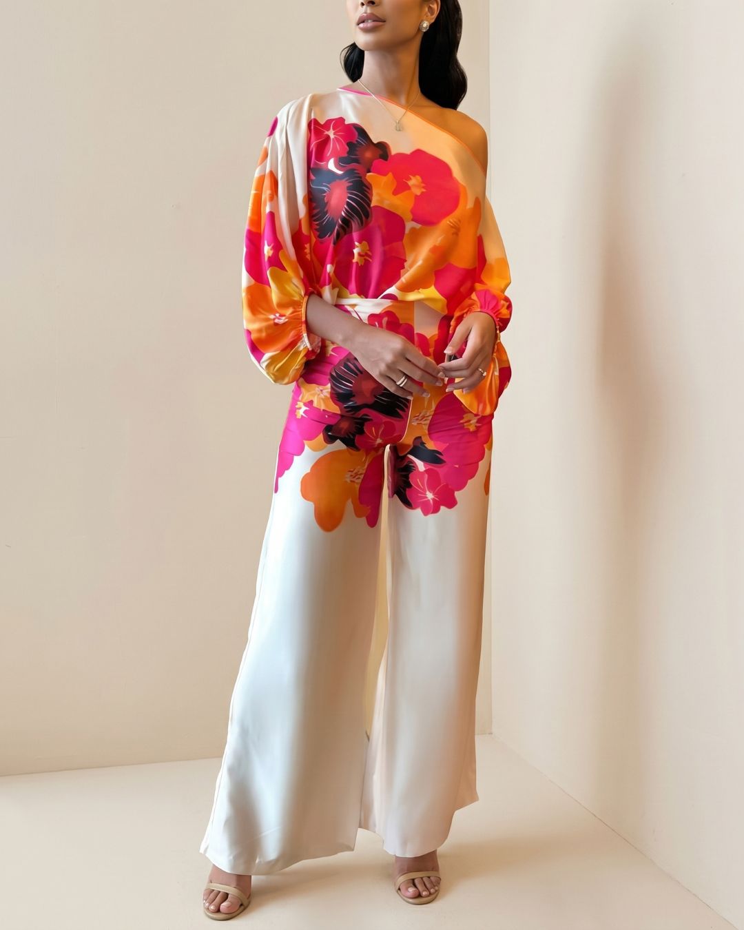 Vyla™ Fashion Print Satin 2 Piece Sets Women Casual Lantern Sleeve Off-Shoulder