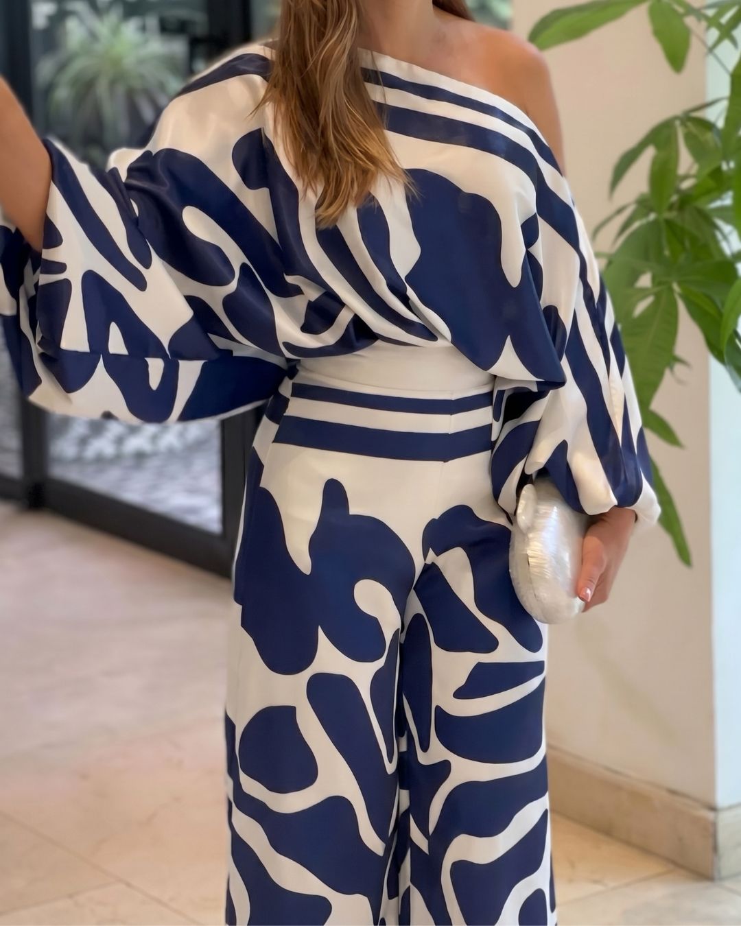 Vyla™ Fashion Print Satin 2 Piece Sets Women Casual Lantern Sleeve Off-Shoulder