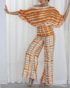 Vyla™ Fashion Print Satin 2 Piece Sets Women Casual Lantern Sleeve Off-Shoulder