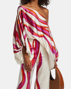 Vyla™ Fashion Print Satin 2 Piece Sets Women Casual Lantern Sleeve Off-Shoulder