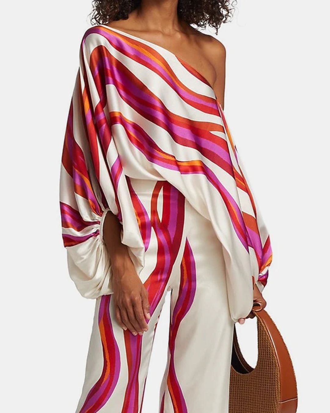 Vyla™ Fashion Print Satin 2 Piece Sets Women Casual Lantern Sleeve Off-Shoulder