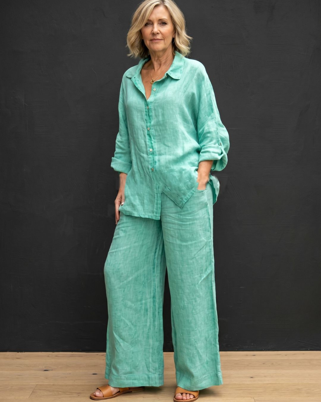 Vyla™ Casual Fashion Cozy Breathable Shirt & Wide Leg Pants Outfit
