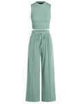 Vyla™ Ribbed Knit Crew Neck Sleeveless Cropped Top & Wide Leg Pants Lounge Set