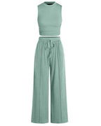 Vyla™ Ribbed Knit Crew Neck Sleeveless Cropped Top & Wide Leg Pants Lounge Set