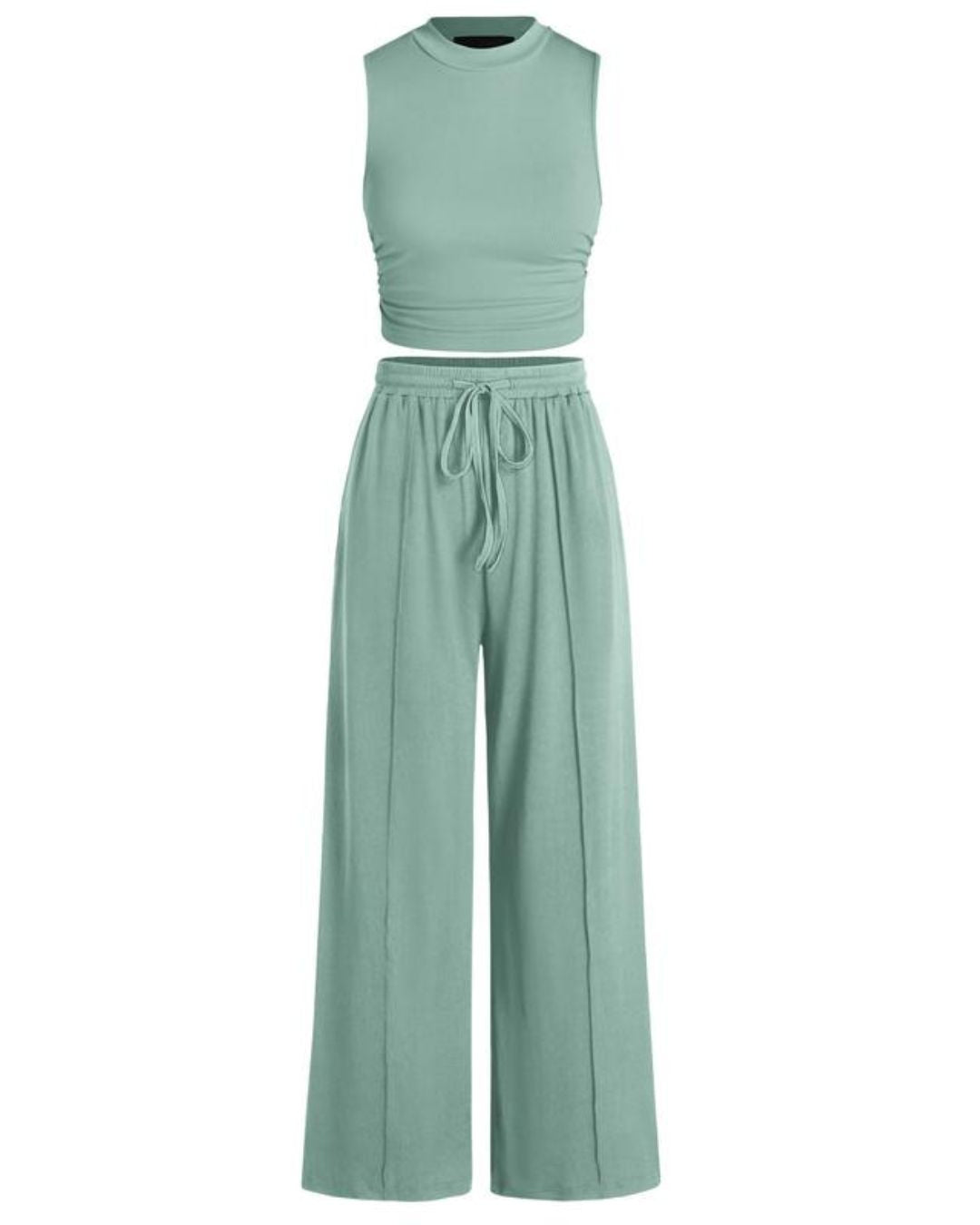 Vyla™ Ribbed Knit Crew Neck Sleeveless Cropped Top & Wide Leg Pants Lounge Set