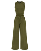 Vyla™ Ribbed Knit Crew Neck Sleeveless Cropped Top & Wide Leg Pants Lounge Set