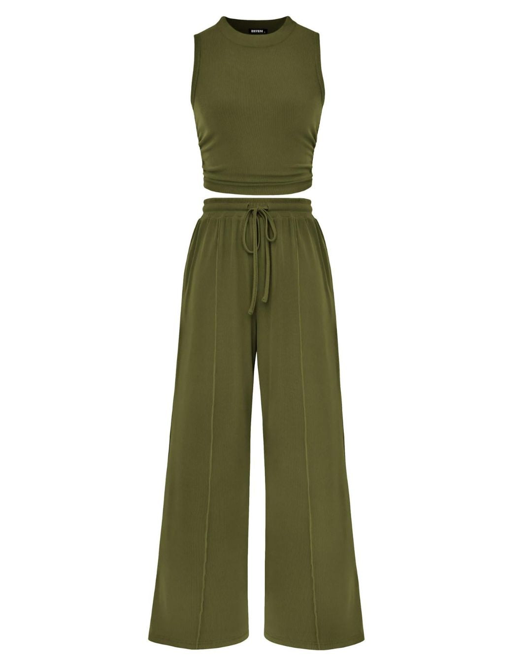 Vyla™ Ribbed Knit Crew Neck Sleeveless Cropped Top & Wide Leg Pants Lounge Set