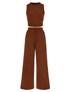Vyla™ Ribbed Knit Crew Neck Sleeveless Cropped Top & Wide Leg Pants Lounge Set