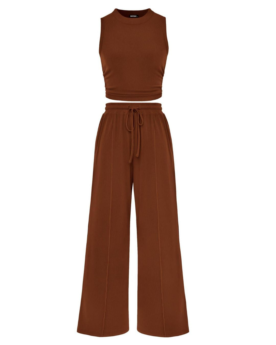 Vyla™ Ribbed Knit Crew Neck Sleeveless Cropped Top & Wide Leg Pants Lounge Set