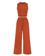 Vyla™ Ribbed Knit Crew Neck Sleeveless Cropped Top & Wide Leg Pants Lounge Set
