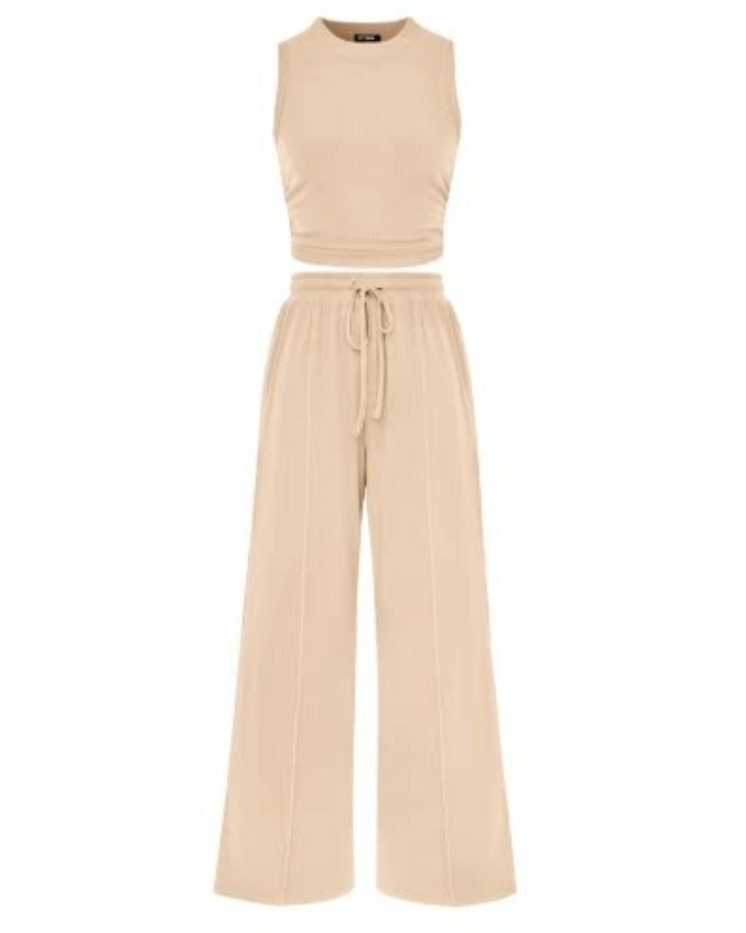 Vyla™ Ribbed Knit Crew Neck Sleeveless Cropped Top & Wide Leg Pants Lounge Set
