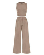 Vyla™ Ribbed Knit Crew Neck Sleeveless Cropped Top & Wide Leg Pants Lounge Set
