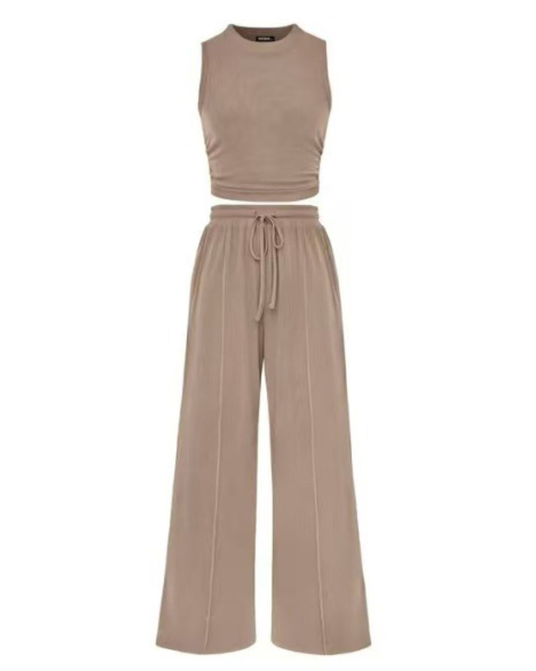 Vyla™ Ribbed Knit Crew Neck Sleeveless Cropped Top & Wide Leg Pants Lounge Set