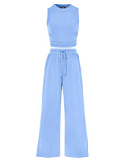 Vyla™ Ribbed Knit Crew Neck Sleeveless Cropped Top & Wide Leg Pants Lounge Set