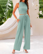Vyla™ Ribbed Knit Crew Neck Sleeveless Cropped Top & Wide Leg Pants Lounge Set