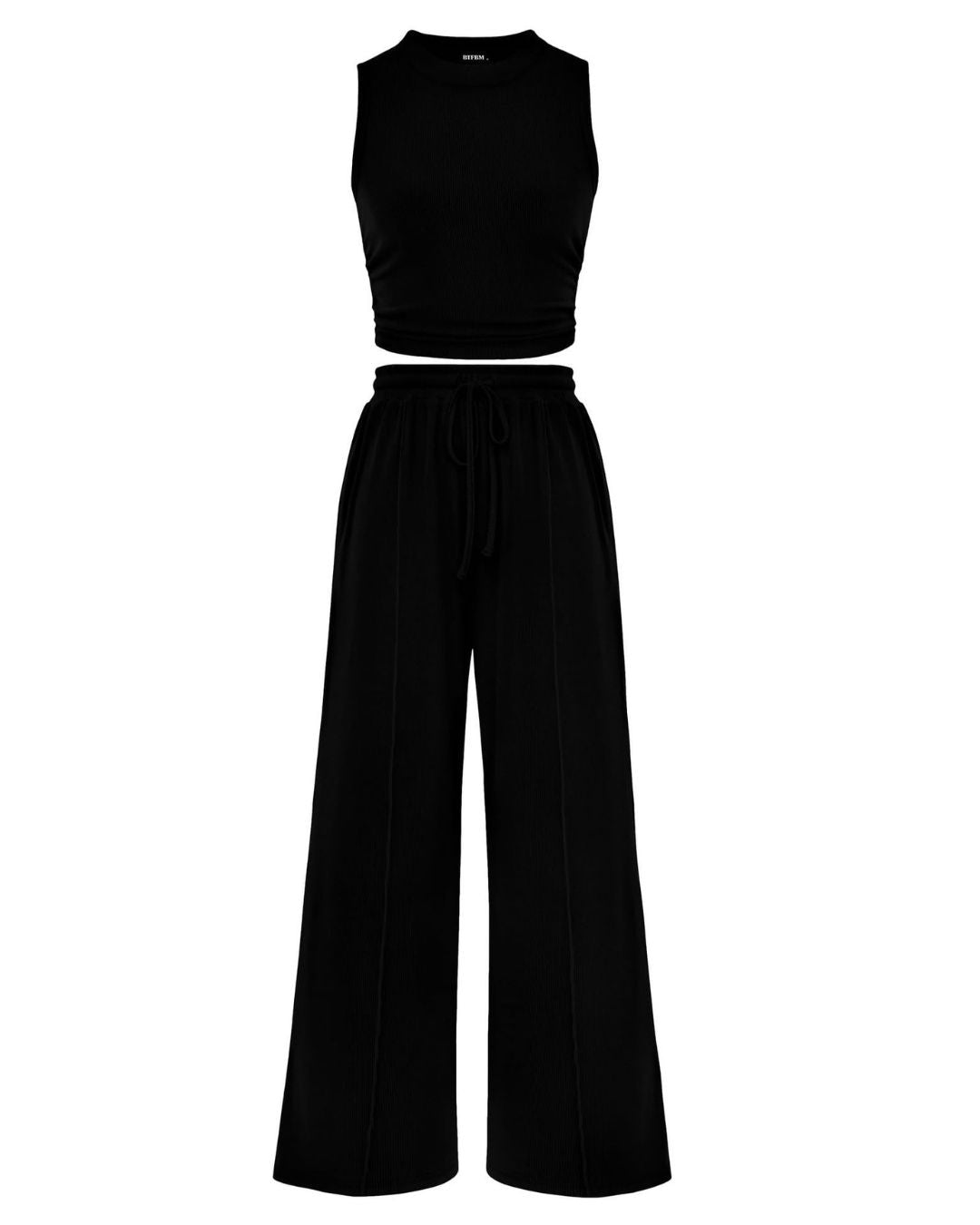Vyla™ Ribbed Knit Crew Neck Sleeveless Cropped Top & Wide Leg Pants Lounge Set