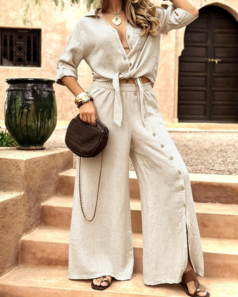 Vyla™ Linen-Blend Tie-Front Top & Wide Leg Pants Set