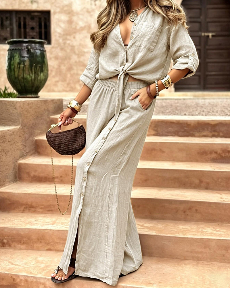 Vyla™ Linen-Blend Tie-Front Top & Wide Leg Pants Set