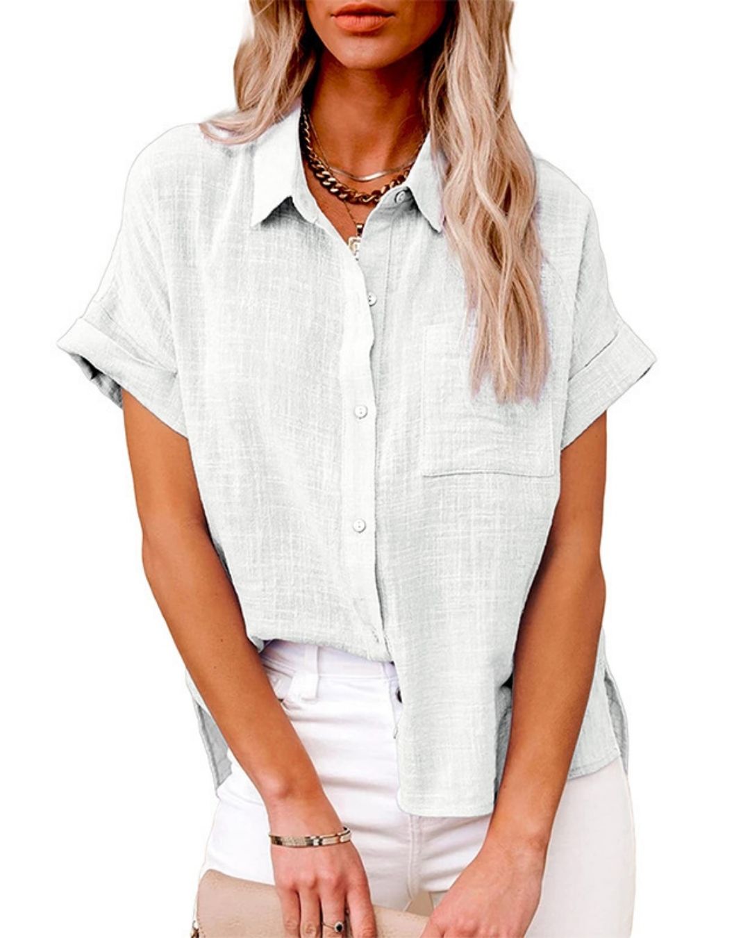 Vyla™ Dressy Casual V Neck Button Down Shirts Short Sleeve Blouses