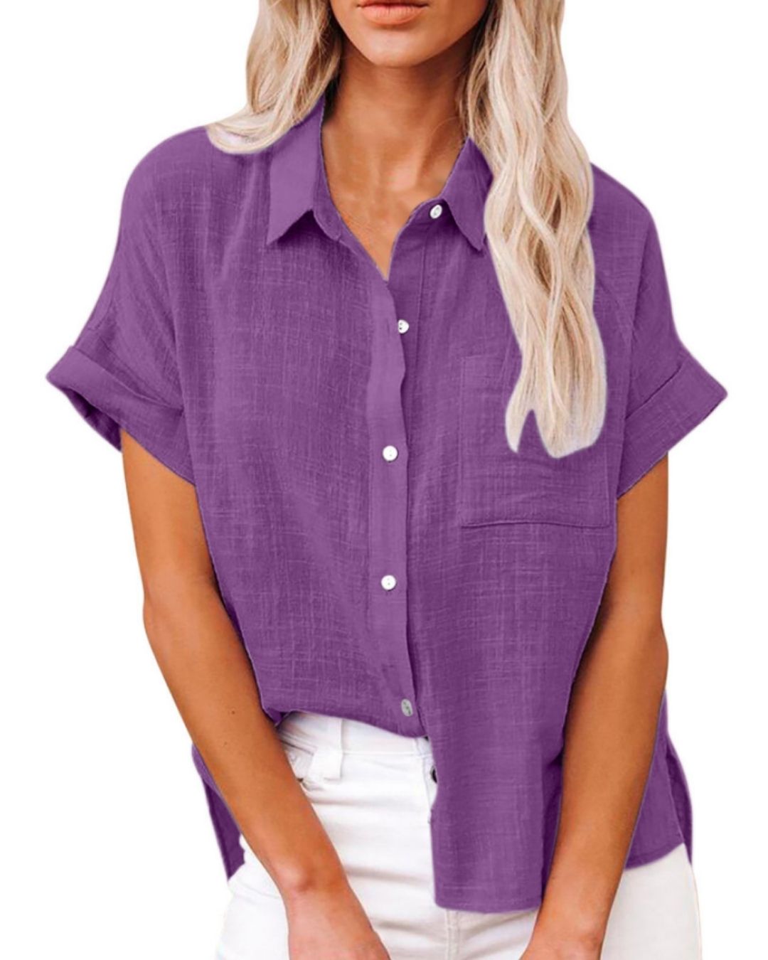 Vyla™ Dressy Casual V Neck Button Down Shirts Short Sleeve Blouses