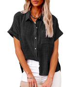 Vyla™ Dressy Casual V Neck Button Down Shirts Short Sleeve Blouses