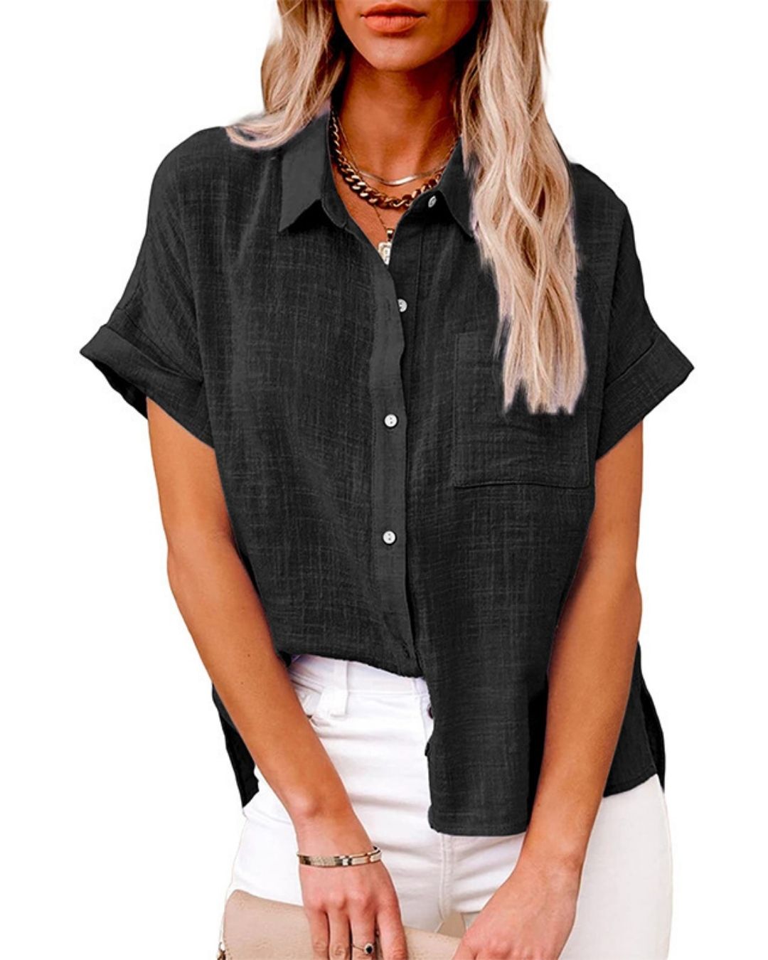 Vyla™ Dressy Casual V Neck Button Down Shirts Short Sleeve Blouses