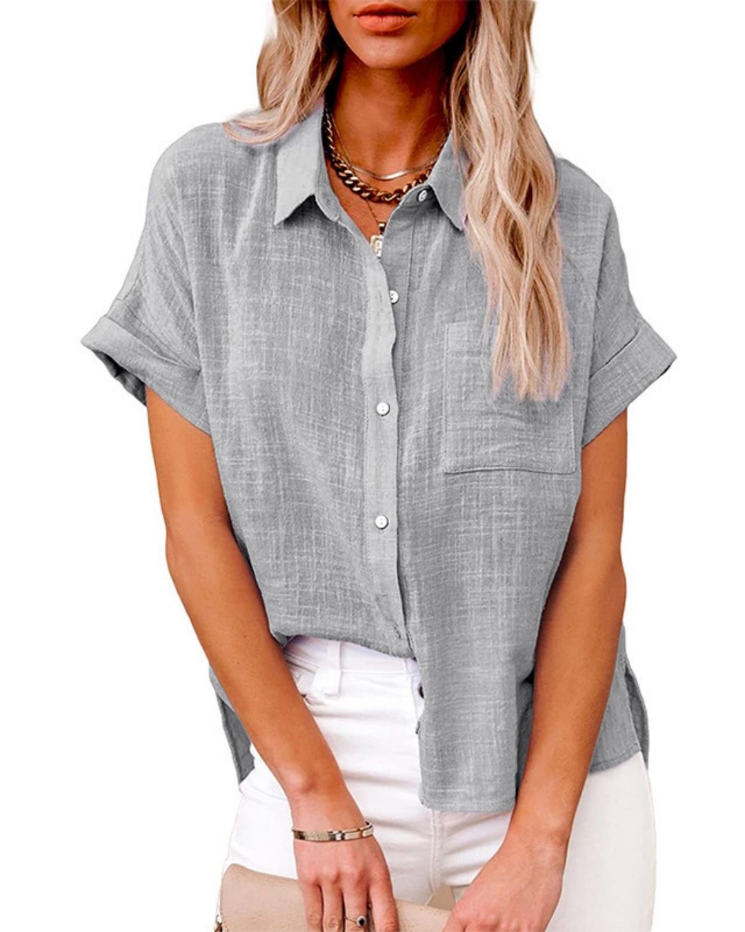 Vyla™ Dressy Casual V Neck Button Down Shirts Short Sleeve Blouses