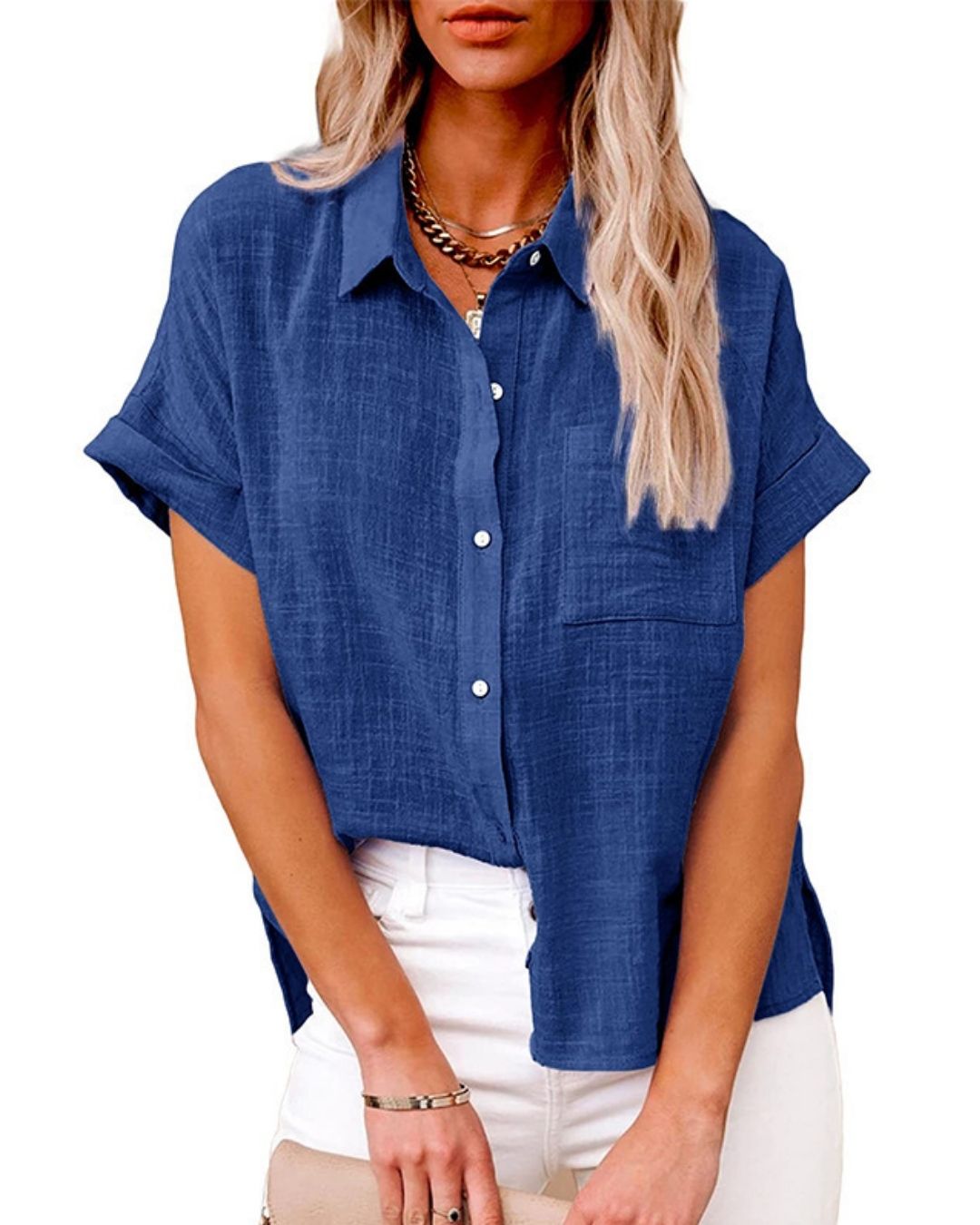 Vyla™ Dressy Casual V Neck Button Down Shirts Short Sleeve Blouses