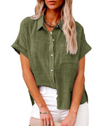 Vyla™ Dressy Casual V Neck Button Down Shirts Short Sleeve Blouses