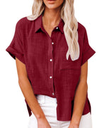 Vyla™ Dressy Casual V Neck Button Down Shirts Short Sleeve Blouses